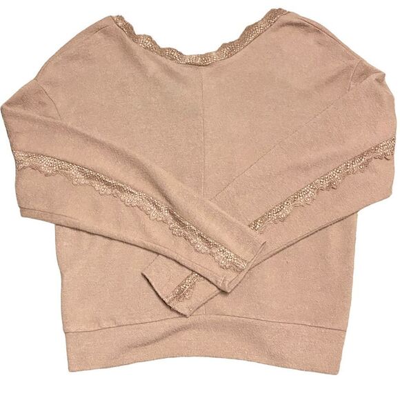 Self E V Neck Long Sleeve Crop Sweater With Lace Trim - Picture 3 of 5
